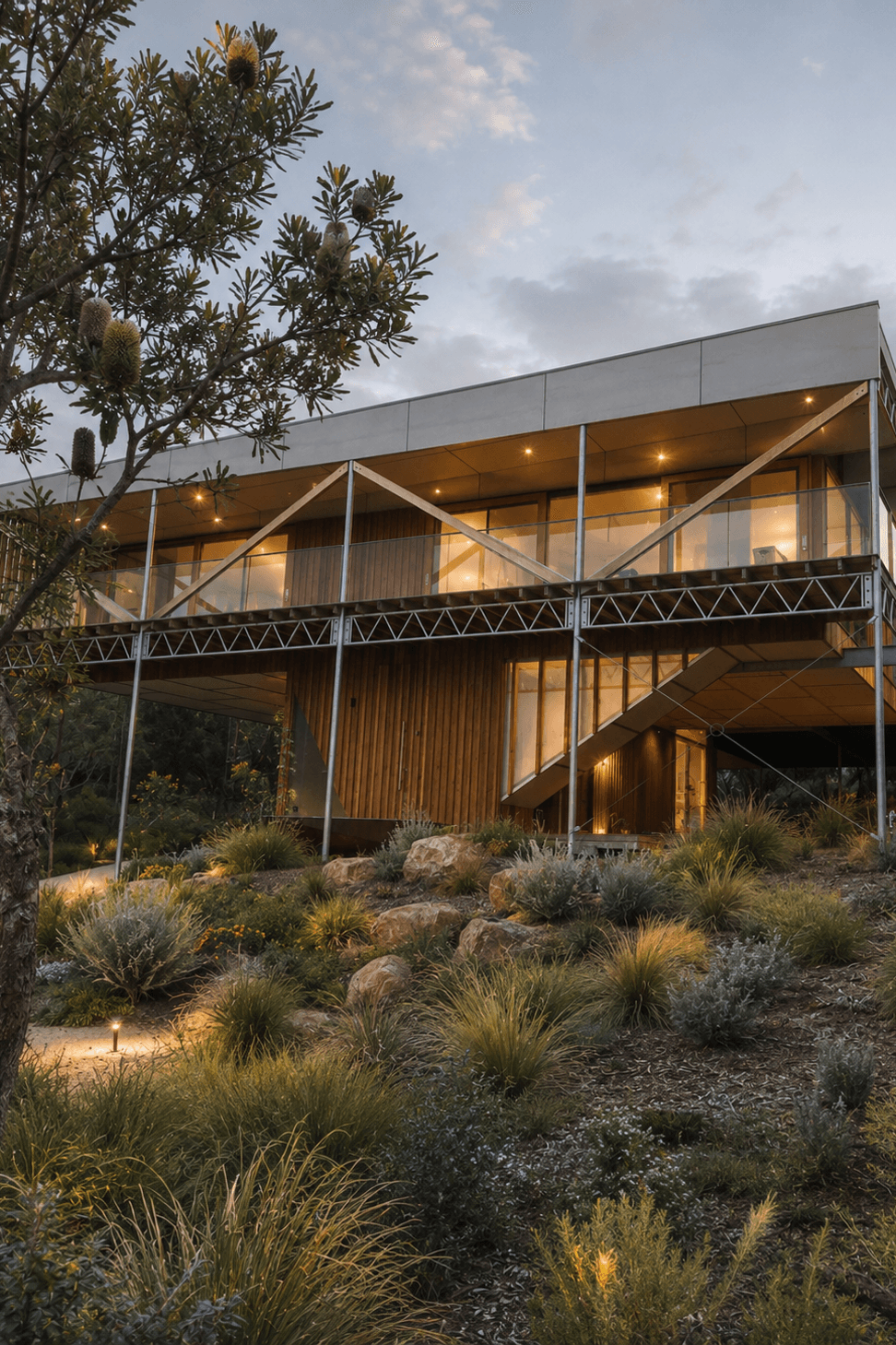 Warm interior lighting illuminates the elevated pavilion structure, highlighting the exposed structural steel trusses and native coastal garden layout
