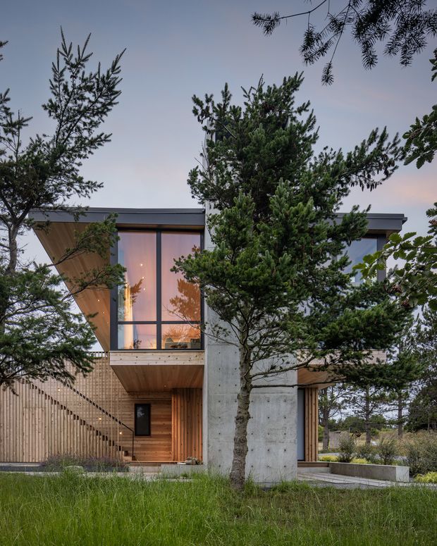 Dusk exterior view of a contemporary multi-level residence partially screened by mature pine trees. The house features a flat roof, extensive floor-to-ceiling glazing with dark frames, warm timber cladding and soffits, and a prominent raw concrete structural wall or column. An external timber stair and raised balcony are visible, set within a landscaped grassy site.