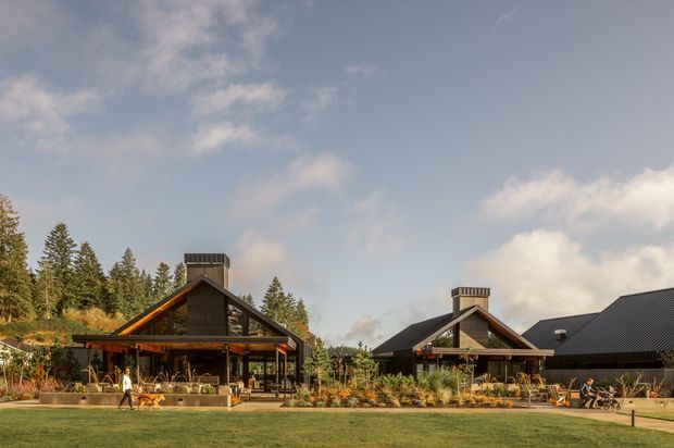 A low-rise residential complex set in a landscaped rural or forested setting. Two dark-clad, timber-framed gabled buildings feature broad roof overhangs, prominent chimneys, covered outdoor living areas, and extensive glazing. The foreground includes a lawn, planted garden beds, and outdoor seating; tall trees surround the buildings beneath a partly cloudy sky.