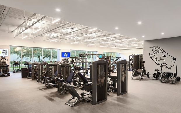 Bright, spacious commercial gym interior with rows of strength-training machines and free-weight equipment. The room has a light grey floor, extensive floor-to-ceiling glazing with views of greenery, a white ceiling with exposed steel trusses and linear lighting, and a large wolf graphic on a feature wall.