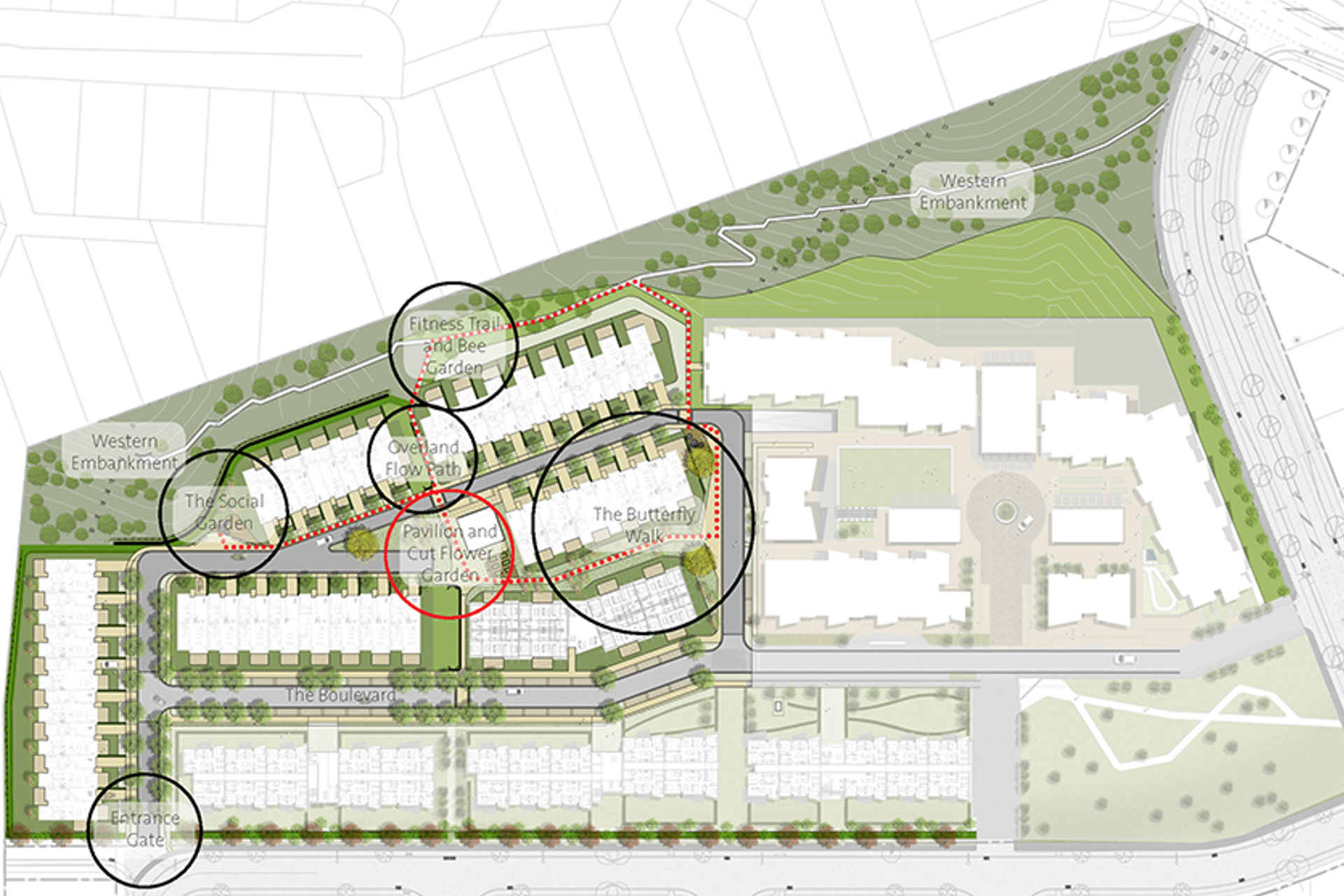 Gulf Rise Stage One site plan with the various landscaping elements identified.