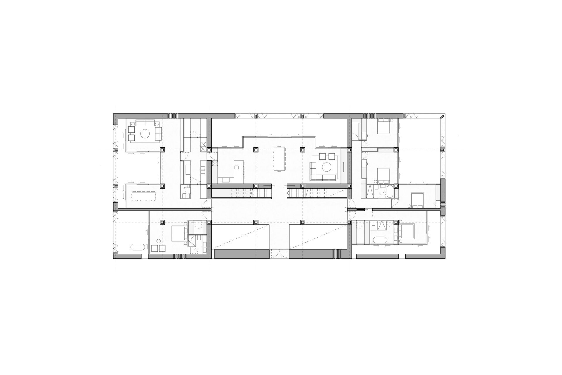 Plan. A series of six chambers opening to courtyard gardens.