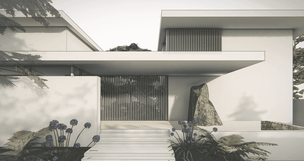 A minimalist contemporary two-storey residence with crisp white rendered walls, strong horizontal flat-roofed volumes, and deep projecting eaves. A broad stepped entry path leads toward the recessed front door, screened by vertical slatted elements and flanked by ornamental planting. The monochrome facade is softened by shadows, a sculptural stone feature, and dark botanical accents.