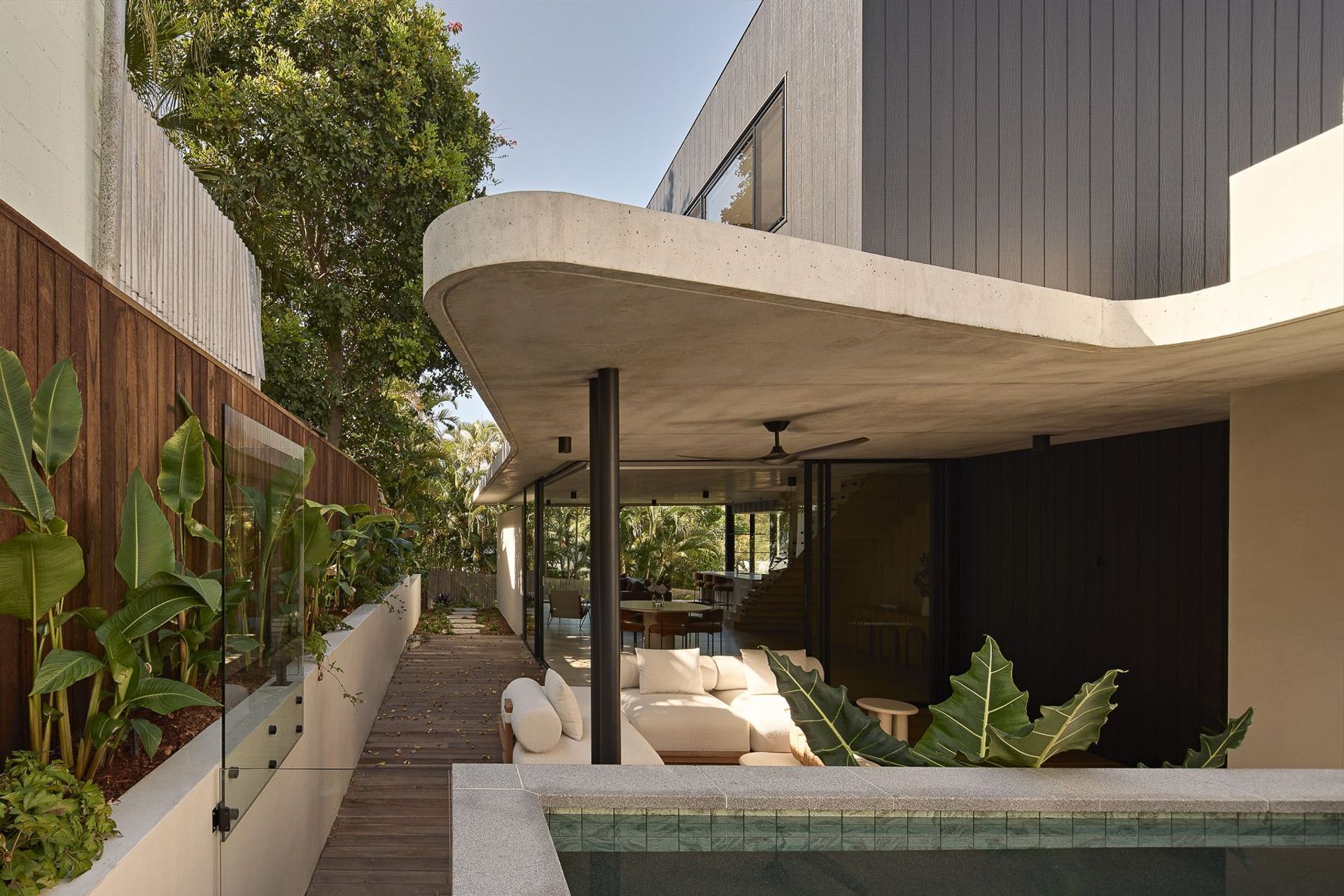 Wildflower Residence - Pool. Curved concrete canopy over the pool deck and timber boardwalk.