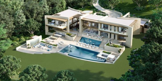 Aerial architectural rendering of a large contemporary multi-level residence set within a wooded landscaped site. The home features flat roof planes, extensive floor-to-ceiling glazing, projecting terraces and balconies, and a broad stepped outdoor entertaining area with multiple swimming pools, sun loungers, and integrated planting.