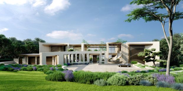 A contemporary multi-wing residence viewed from the landscaped front garden. The building has a low, rectilinear composition with pale rendered or masonry walls, deep roof overhangs, recessed glazing, vertical sun-shading screens, and a central open terrace or pergola. Extensive lawn, layered ornamental planting, and a mature tree frame the architectural exterior.