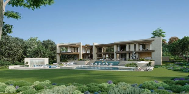 A wide architectural rendering of a large, low-rise contemporary residence set within an expansive landscaped garden. The home features strong horizontal lines, broad roof overhangs, open terraces, extensive glazing, pale textured wall surfaces, and a long stepped terrace leading to a swimming pool with loungers. Layered ornamental planting, mature trees, and a manicured lawn surround the building under a clear blue sky.