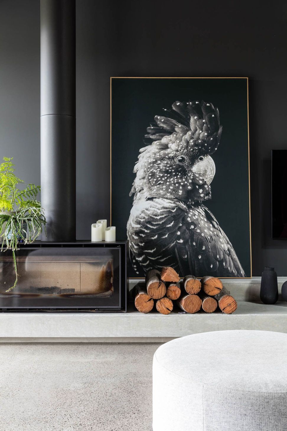 Watson Residence - Living Room. Fireplace with stacked firewood beneath a cockatoo artwork.