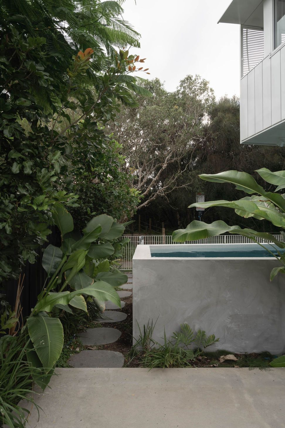 Eleutheria - Garden. Raised plunge pool wrapped in tropical foliage.