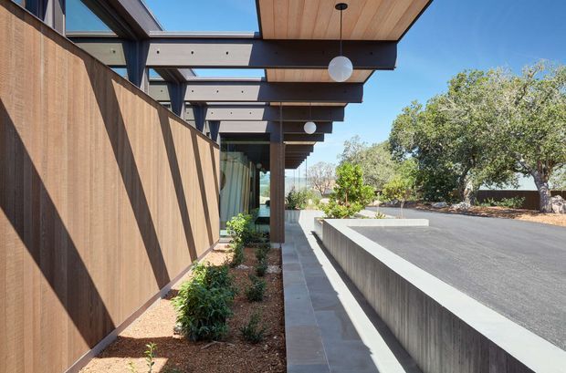 Exterior architectural view of a contemporary single-storey residence, showing a long timber-clad wall, deep cantilevered roof eaves with exposed structural beams, clerestory-like glazing, and a covered entry walkway. A raised dark paved driveway or terrace runs alongside the building, with integrated planting and spherical pendant lights beneath the soffit. The composition highlights strong linear forms, warm timber, concrete, and indoor-outdoor connection.