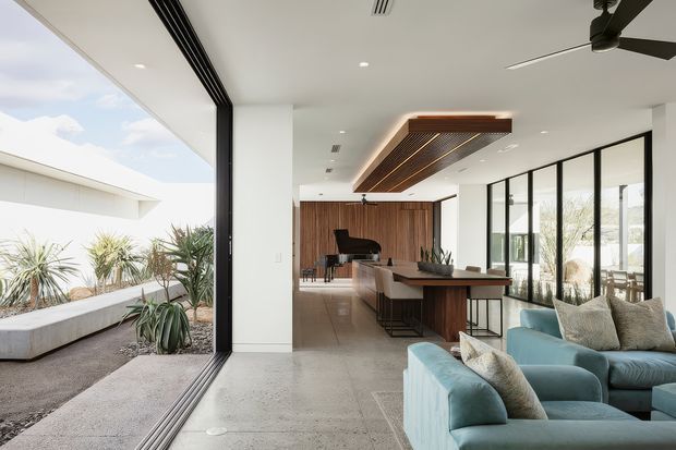 Bright open-plan contemporary interior with a polished concrete floor, white walls and ceiling, extensive black-framed glazing, and a large operable opening to a planted courtyard. The space combines a living area with teal upholstered seating, a timber kitchen island and cabinetry, and a dining or entertaining zone. A slatted timber ceiling feature with integrated lighting and a ceiling fan adds warmth and visual interest.