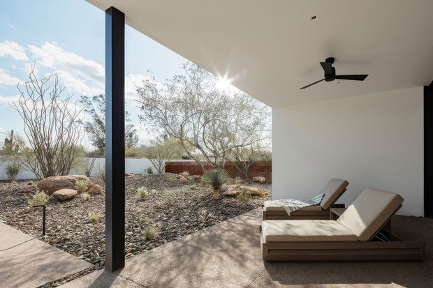 A covered outdoor terrace or patio with a clean white ceiling, black structural post, and black ceiling fan. Two cushioned timber-framed lounge chairs face a landscaped gravel garden with drought-tolerant planting and sculptural trees. The open-sided space has a minimalist contemporary character and strong indoor-outdoor connection, with sunlight casting shadows across the concrete floor.