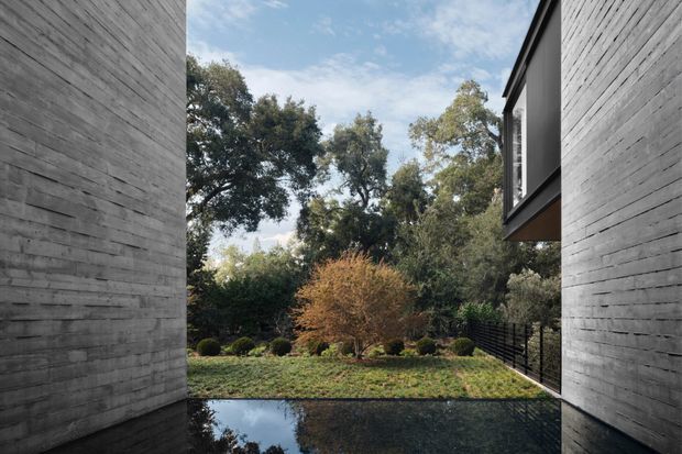 A narrow architectural courtyard framed by two tall, horizontally textured grey masonry walls, with a dark reflective water feature in the foreground. A landscaped garden with clipped shrubs, a central deciduous tree and mature greenery sits beyond, while part of a projecting modern upper-level structure is visible on the right. The composition is quiet and minimalist, with natural light and strong vertical enclosure.