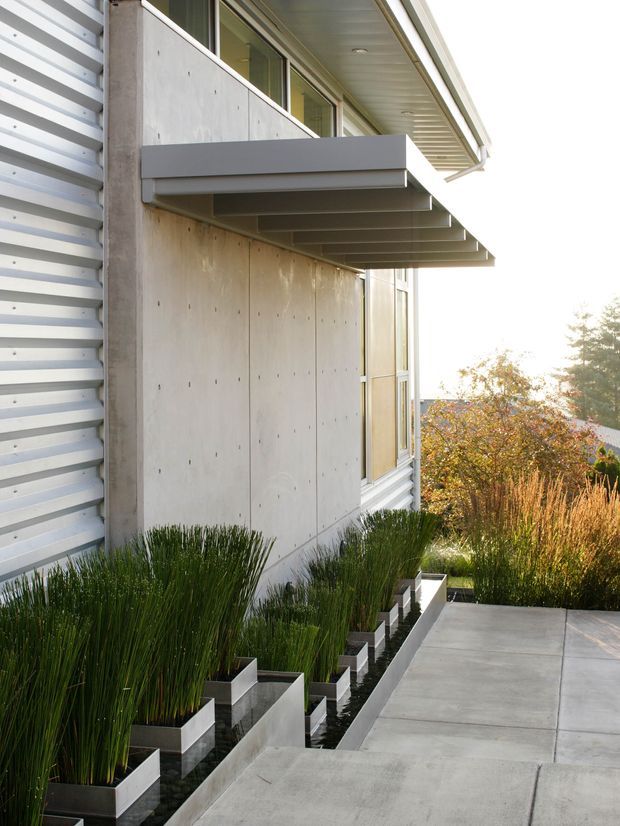 A close exterior view of a contemporary building with exposed concrete wall panels, corrugated metal cladding, extensive glazing, and projecting metal sunshade structures. A paved walkway runs beside stepped planter boxes filled with tall grasses, with a landscaped suburban setting beyond.