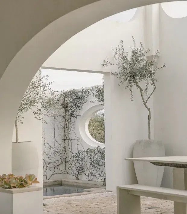 A serene whitewashed courtyard with sculptural arched openings, a circular window, pale stone paving, planted olive trees and climbing greenery, and a small rectangular reflecting pool. A minimalist built-in table and bench occupy the foreground, creating a quiet Mediterranean-inspired outdoor space.