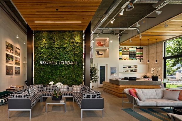 A stylish commercial interior resembling a contemporary design showroom or studio, with a lounge seating area in the foreground and a reception or service counter behind it. The space features a dramatic living moss wall with signage, exposed industrial-style ceiling services and track lighting, warm timber ceiling panels and counter cladding, polished concrete flooring, framed wall displays, open shelving, and large black-framed windows overlooking greenery.