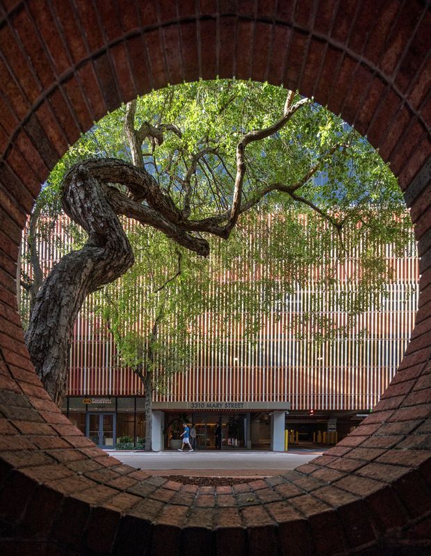 View through a large arched opening lined with dark red brick, framing a mature sculptural tree and a contemporary multi-storey commercial building across a pedestrian forecourt. The building has a vertically striped facade of reddish panels and pale fins, with retail or commercial glazing at ground level. The image emphasises the contrast between historic masonry and contemporary urban architecture.