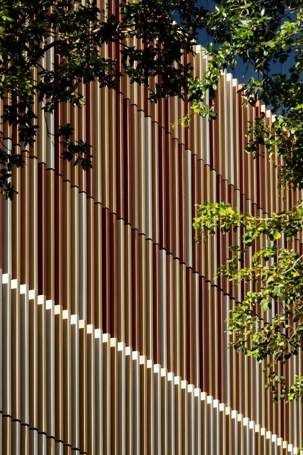 Close-up exterior view of a contemporary facade composed of dense vertical fins or battens in alternating warm brown, bronze, beige, and pale tones. The fins form a stepped, undulating profile across the facade, with strong sunlight creating deep shadows and graphic diagonal lines. Tree branches partially frame the building, and a small area of blue sky is visible.