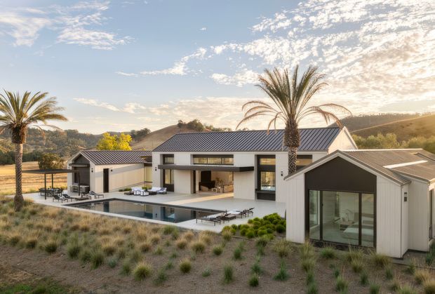 A contemporary single-storey residence viewed from the landscaped grounds, arranged around a long outdoor terrace and narrow reflecting pool. The home has crisp white rendered walls, dark grey standing-seam pitched roofs, extensive dark-framed glazing, and several connected pavilion-like wings. Palm trees, ornamental grasses, low shrubs, and rolling dry hills surround the property in warm late-day light.