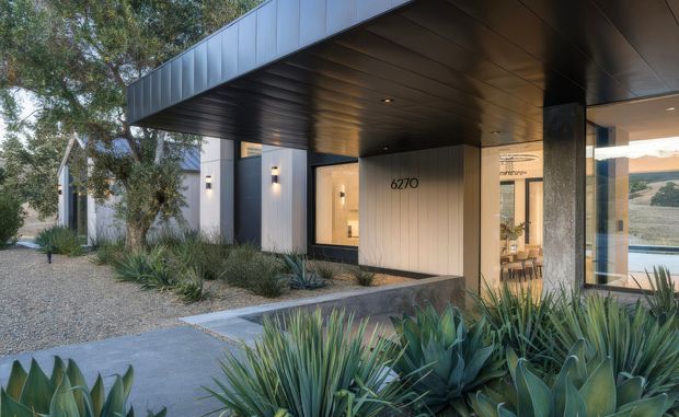 Contemporary single-storey building entrance with a broad dark metal-clad canopy, vertical light-coloured wall cladding, recessed entry door, and large glazed openings. The landscaped approach uses gravel, concrete paths, raised planters, and drought-tolerant spiky plants. Warm interior lighting and a glimpse of furnished interior spaces are visible through the glazing.