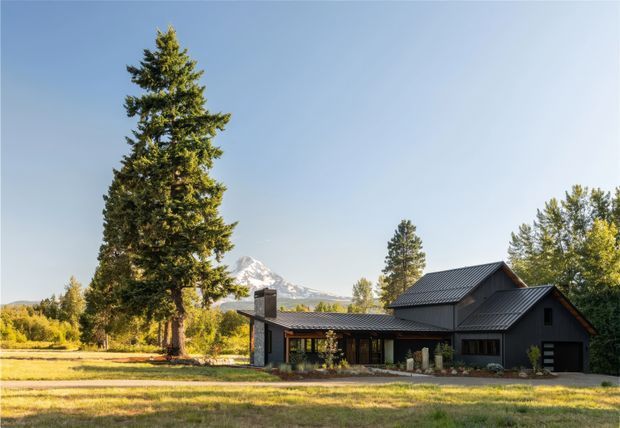 A low, single-storey dark-clad house set in a spacious landscaped rural or alpine site. The home has a long, low roofline with intersecting pitched roof forms, dark metal roofing and cladding, a covered entry or outdoor living zone, and large windows. Mature evergreen trees frame the property, with a snow-capped mountain visible in the background under clear skies.