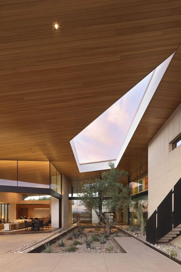 A dramatic double-height interior courtyard or atrium with a warm timber-lined ceiling and a large triangular skylight. Glazed walls and an upper-level balcony surround an indoor landscaped garden with a mature tree and desert-style planting. A dining area and living space are visible to the left, while a black staircase rises along a pale brick wall on the right.