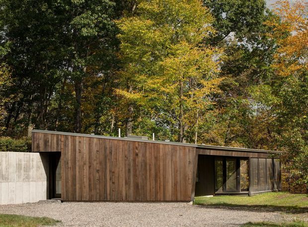 A low, single-storey modern building set among mature deciduous woodland. The facade is clad in vertical natural timber boards with dark-framed glazing and a shallow roofline. A raw concrete wall forms part of the left side, while a gravel forecourt and lawn sit in front of the structure. Autumn foliage surrounds the building.