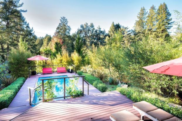 A landscaped outdoor pool area surrounded by dense mature trees and planting. A raised timber deck frames a small swimming pool with transparent safety fencing, pink umbrellas, and outdoor lounge seating. The scene is brightly lit and secluded, with a natural garden setting.