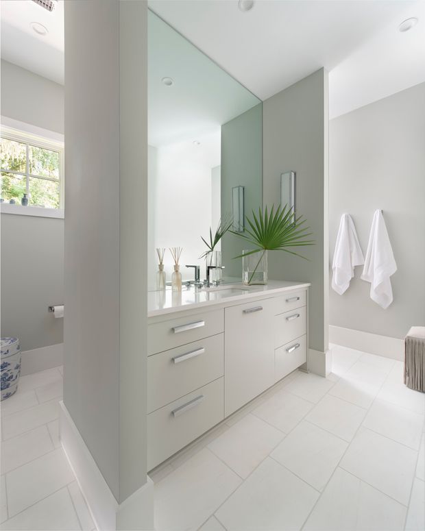 Bright, spacious contemporary bathroom with a pale grey double vanity, white basin, chrome tapware, large wall mirror, and light tiled flooring. White towels hang on the right wall, while a partially screened bathtub and window are visible to the left. A leafy plant adds a small natural accent to the otherwise clean, neutral interior.