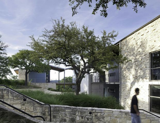 Exterior view of a contemporary multi-level building integrated into a landscaped, sloping site. Pale stone masonry walls, dark-framed windows, metal railings, concrete elements, and flat roof planes surround mature trees and ornamental grasses. Stone retaining walls and stairs with handrails lead through the foreground, while a blurred person provides scale.