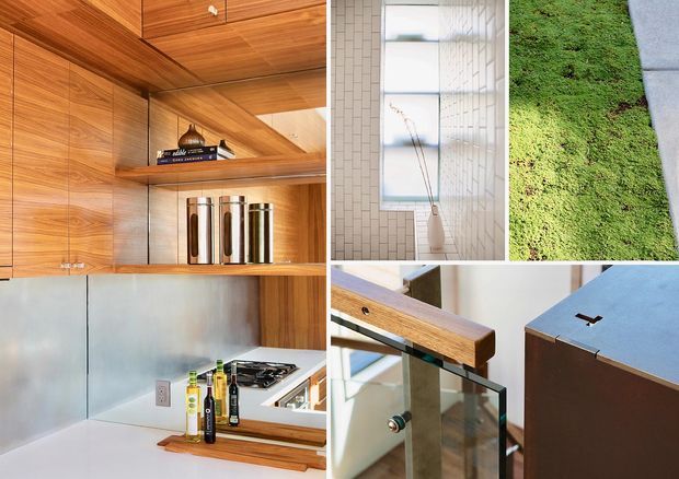 A collage of architectural and interior detail photographs. The main image shows a compact contemporary kitchen with warm walnut cabinetry, open shelving, a pale benchtop, stainless-steel splashback, and a gas cooktop. Other panels show a tiled bathroom or wet-area detail, a narrow landscaped strip, and close-ups of timber-and-glass architectural joinery and cabinetry.