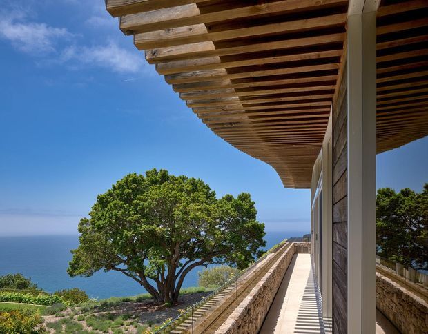 Exterior architectural view of a coastal home featuring a dramatic curved timber pergola with exposed rafters, weathered timber wall cladding, and a long elevated walkway bordered by stone masonry walls. The structure overlooks the ocean, with landscaped grounds and a mature tree in the foreground under a clear blue sky.