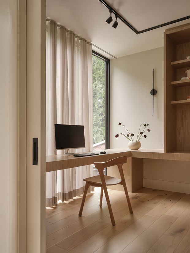 A refined, compact home office with a built-in timber desk running beneath a large window, a simple wooden chair, computer monitor, and integrated timber shelving and cabinetry. Full-height sheer curtains soften the natural light, while black track lighting and a slim wall sconce provide contrast. The room has pale timber flooring, warm neutral walls, and a calm, minimalist feel.