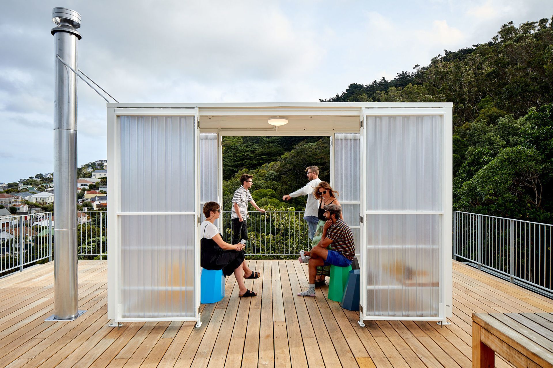 The fun and useful bus-stop-like shelter on the roof deck.