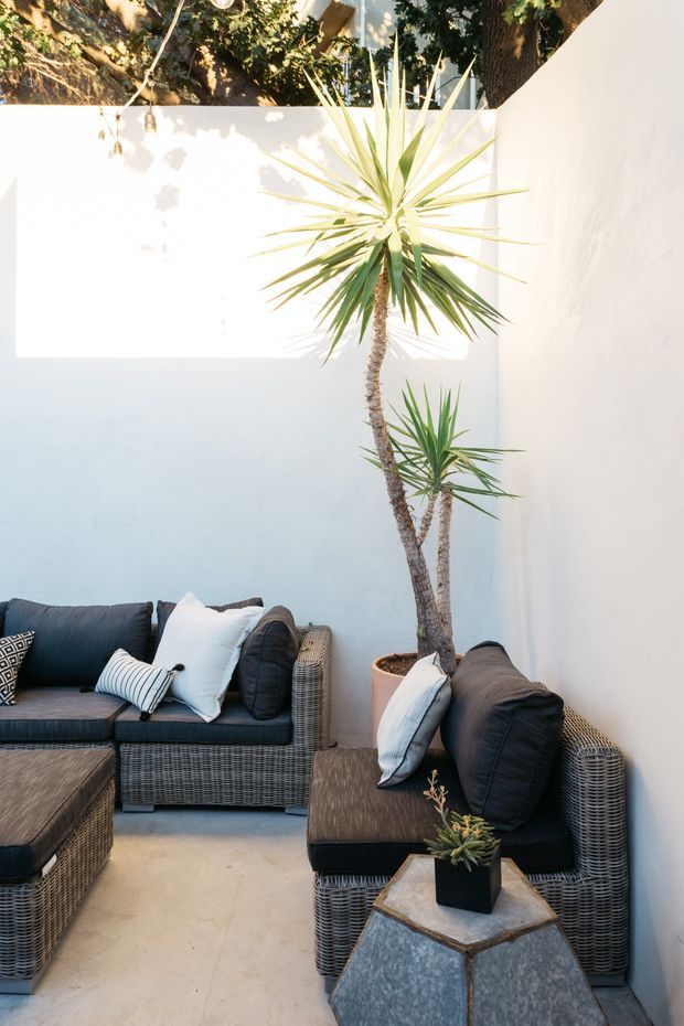 A bright, intimate outdoor courtyard lounge with pale rendered walls, concrete paving, woven rattan seating, dark cushions, and potted yucca plants. A small geometric metal side table with a succulent sits in the foreground, while dappled sunlight and overhead greenery create a relaxed Mediterranean-style atmosphere.
