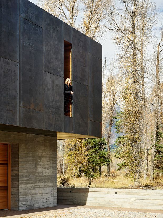 Exterior view of a stark modern two-level building set within a wooded landscape. The upper volume is clad in dark, weathered metal panels with a narrow vertical opening and cantilevered form, while the lower level uses exposed textured concrete and warm timber doors. A pale concrete retaining wall and paved forecourt occupy the foreground.