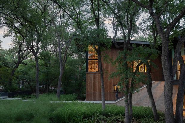 A low, dark timber-clad building nestled among mature trees and dense landscaped planting. Warm light glows through tall and irregularly placed windows, while a brick-paved sloped walkway leads toward the entrance. The setting feels secluded, natural, and integrated with the wooded site.