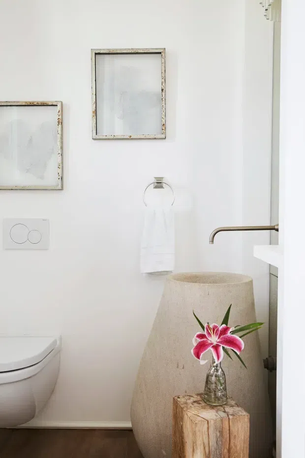 A bright, compact bathroom with white walls, a wall-hung toilet, flush plate, towel ring, and a wall-mounted brushed brass tap beside a partially visible basin. A large textured neutral vessel-like form and a rustic timber pedestal with flowers add decorative warmth. Two distressed framed artworks hang on the wall, and dark timber flooring contrasts with the white sanitaryware.