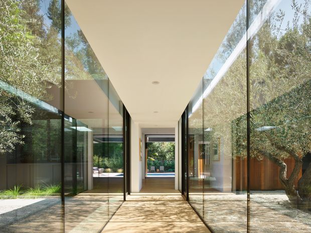 A bright minimalist architectural corridor framed by full-height glass walls, opening onto a landscaped courtyard with mature olive trees. The long cream-coloured ceiling and pale stone or concrete floor create a clean linear perspective, while dark slender window frames and timber elements provide contrast. Reflections and views through the glazing connect the hallway to the surrounding garden and interior spaces.