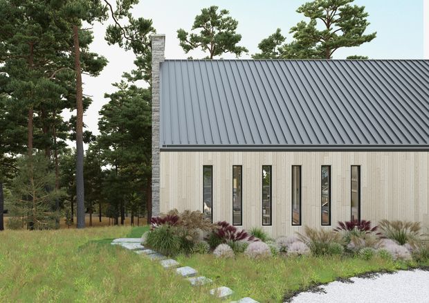 Exterior view of a contemporary single-storey house set within a wooded, landscaped site. The building has a simple rectangular form, a steep dark grey standing-seam metal gable roof, pale vertical timber cladding, narrow vertical windows, and a slim brick chimney. Ornamental grasses and stepping stones lead through the naturalistic garden.