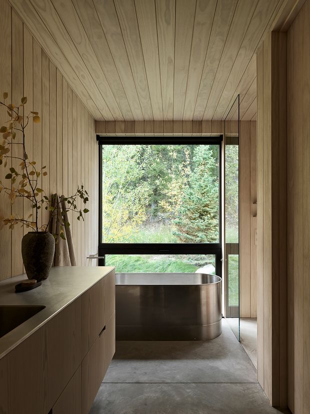 Warm minimalist bathroom with full-height vertical timber wall and ceiling panelling, a large dark-framed window overlooking dense greenery, a freestanding brushed-metal bathtub, and a timber vanity with integrated basin and dark vessel. A frameless glass shower screen and timber storage surround the bathing area. The concrete floor and black window trim provide restrained contrast against the natural wood interior.