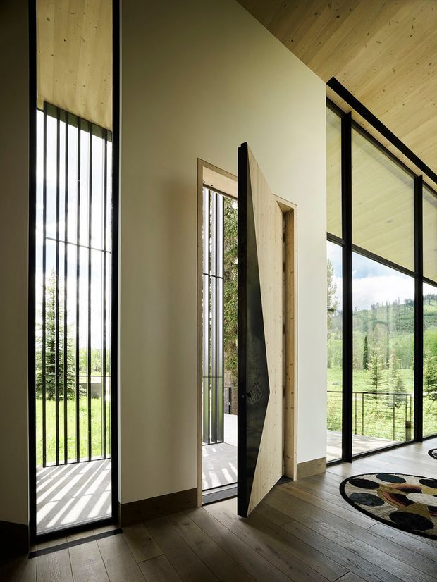 A dramatic modern entry interior with a tall pivot door, expansive black-framed glazing, and a warm timber-lined ceiling. Vertical metal screen bars flank the doorway, casting strong linear shadows onto the floor. The room opens toward a lush rural landscape visible through the glazing, while dark timber flooring, pale plaster walls, and a patterned round rug complete the space.
