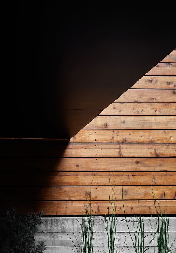 A dramatic close-up of a modern exterior facade composed of warm horizontal timber weatherboards intersected by a sharp diagonal dark overhang or roof form. A low raw concrete wall and sparse ornamental grasses sit at the base, creating strong geometric contrast between the illuminated wood and deep shadow.