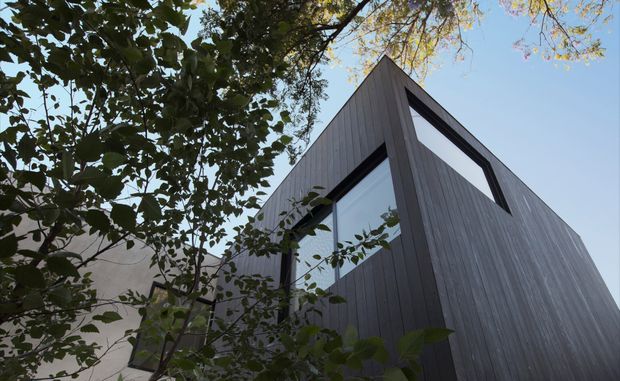 Low-angle exterior view of a contemporary multi-storey building partially screened by mature trees. The sharply folded roofline or upper facade forms a pointed triangular profile, with tall dark vertical cladding and large flush glazed openings.