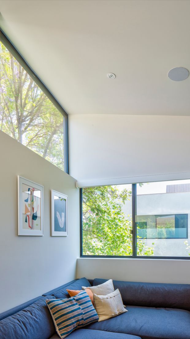 Bright contemporary living room corner with a deep blue sectional sofa and layered cushions beneath a high white ceiling. Large corner glazing with dark slim frames provides abundant natural light and views of leafy trees and a neighbouring modern building. Two framed abstract artworks hang on the pale wall, and recessed and circular ceiling lights are visible.