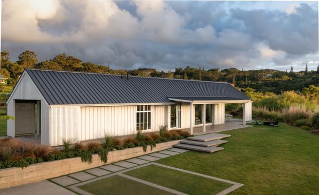 Single-storey contemporary gable-roof house set within landscaped grounds. The exterior features pale vertical board-and-batten-style cladding, a dark grey standing-seam metal roof, extensive glazed doors and windows, and a covered outdoor terrace. Stepping-stone paving, raised garden beds, ornamental grasses, and a broad lawn surround the building.