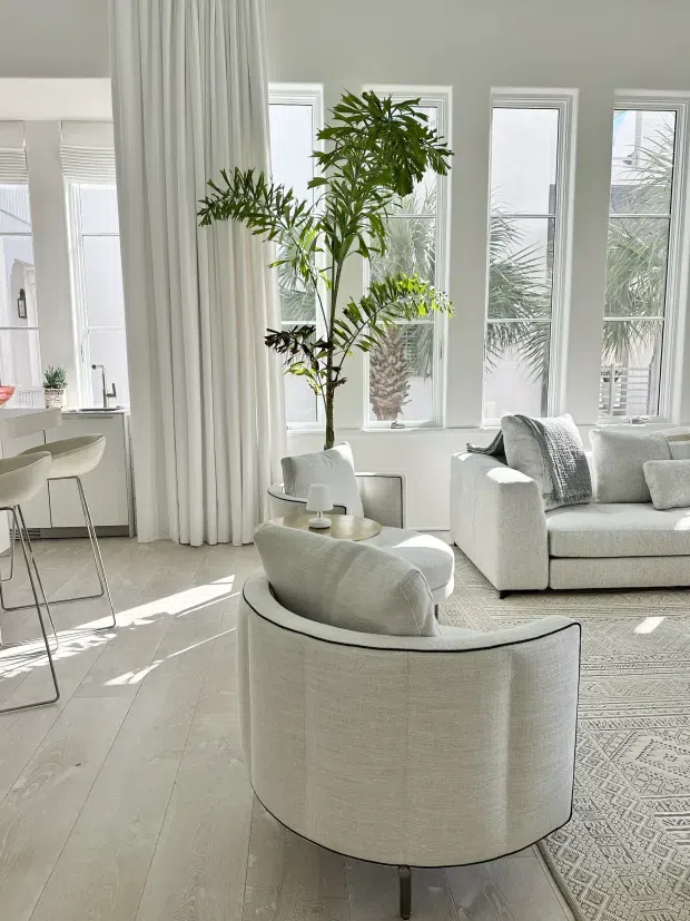 Bright, airy open-plan living room with tall multi-pane windows, full-height white curtains, pale timber flooring, and a large patterned rug. Curved upholstered lounge chairs and a light sectional sofa surround a small round side table, while a tall indoor plant adds greenery. A compact kitchen or breakfast-bar area is visible at the left.