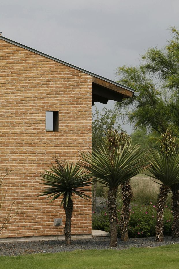 Exterior view of a compact brick building with a simple sloping roof, dark timber eaves, and a small narrow window. The warm exposed brick facade is framed by sculptural yucca-like planting, gravel landscaping, ornamental grasses, and lawn under an overcast sky.