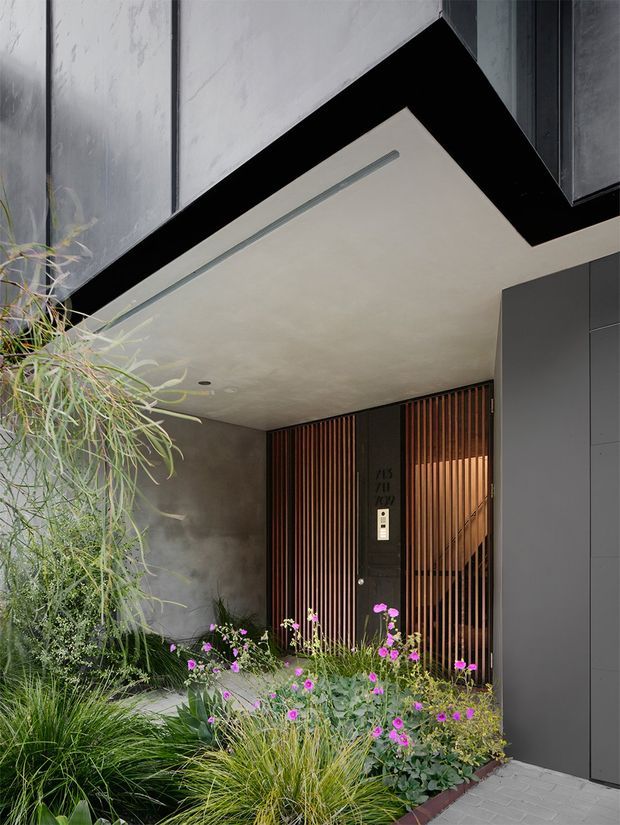 A contemporary covered residential entryway with a projecting angular canopy, dark textured wall panels, timber vertical screening, a recessed front door and intercom, and a lush planted garden bed with grasses and purple flowers along the paved approach.
