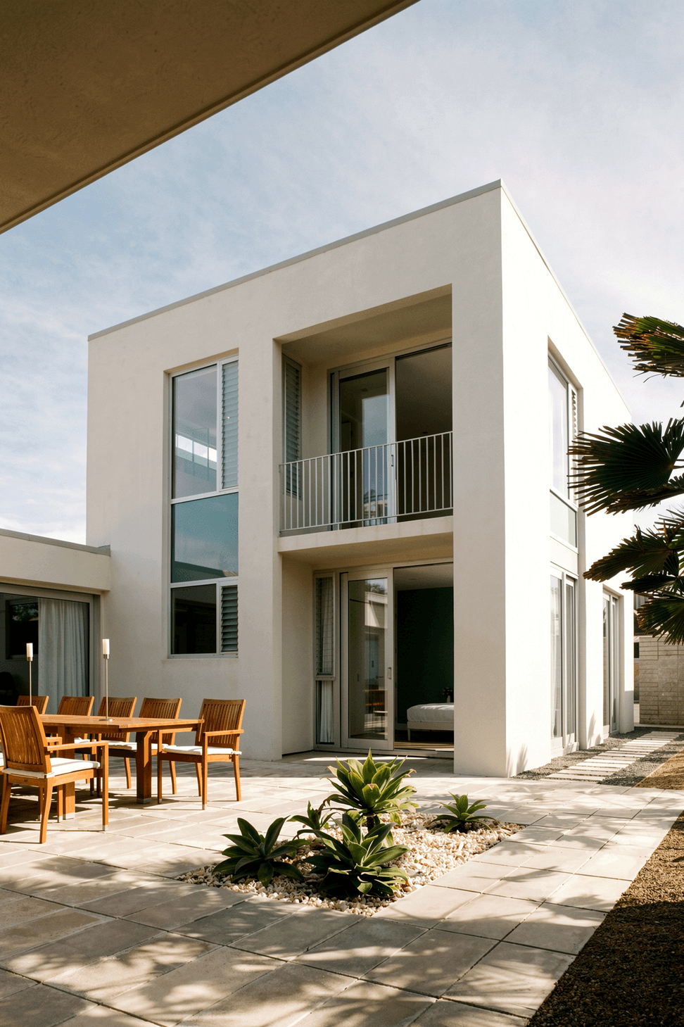 Viewed from the internal courtyard, the double-height section of the house introduces a sense of scale and brings natural light deep into the plan. The courtyard creates a private, sheltered heart within the beachfront home.